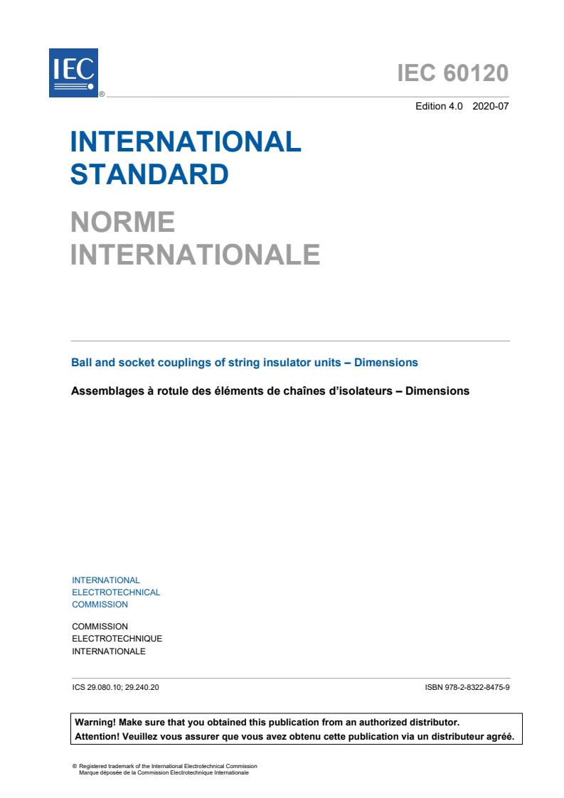 IEC 60120:2020 - Ball and socket couplings of string insulator units - Dimensions
