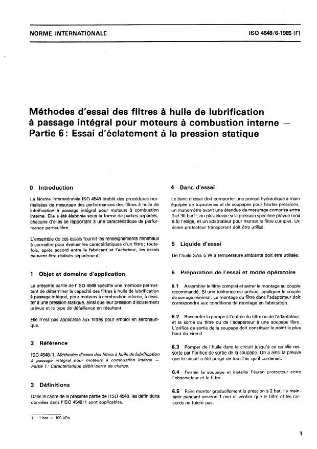 ISO 4548-6:1985 - Méthodes d'essai des filtres a huile de lubrification a passage intégral pour moteurs a combustion interne