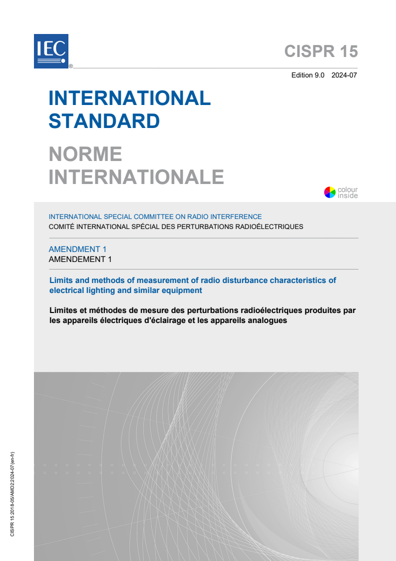 CISPR 15:2018/AMD1:2024 - Amendment 1 - Limits and methods of measurement of radio disturbance characteristics of electrical lighting and similar equipment
Released:7/8/2024
Isbn:9782832291757