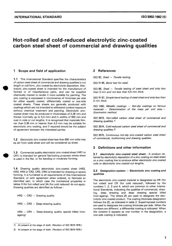 ISO 5002:1982 - Hot-rolled and cold-reduced electrolytic zinc-coated carbon steel sheet of commercial and drawing qualities