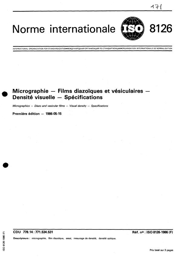 ISO 8126:1986 - Micrographie -- Films diazoiques et vésiculaires -- Densité visuelle -- Spécifications