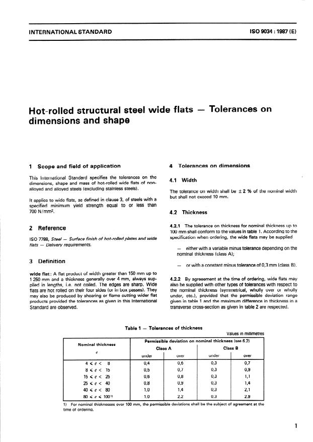 ISO 9034:1987 - Hot-rolled structural steel wide flats -- Tolerances on dimensions and shape