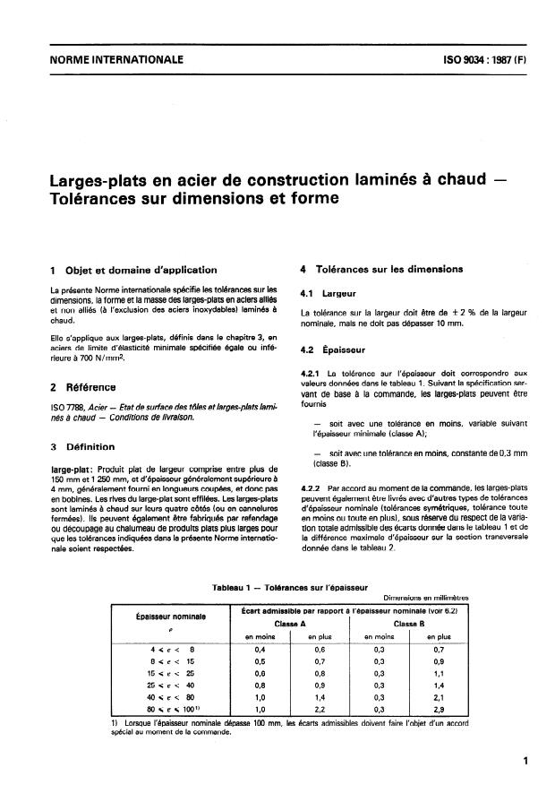 ISO 9034:1987 - Larges-plats en acier de construction laminés a chaud -- Tolérances sur dimensions et forme
