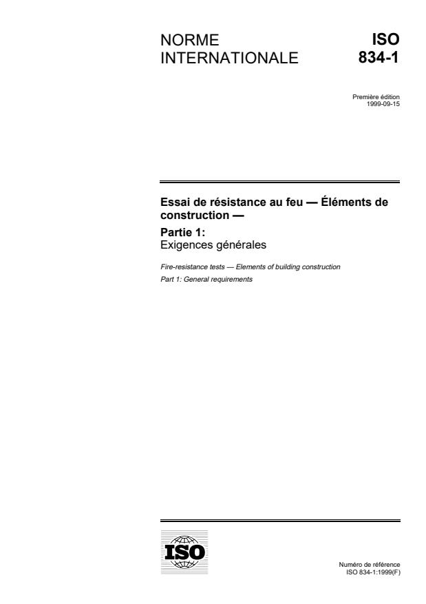 ISO 834-1:1999 - Essai de résistance au feu -- Éléments de construction