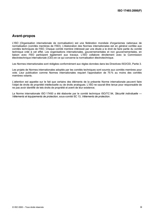 ISO 17493:2000 - Vetements et équipement de protection contre la chaleur -- Méthode d'essai de la résistance a la chaleur de convection au moyen d'un four a circulation d'air chaud