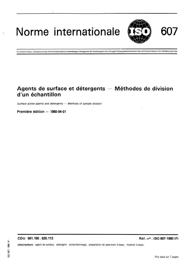 ISO 607:1980 - Agents de surface et détergents -- Méthodes de division d'un échantillon