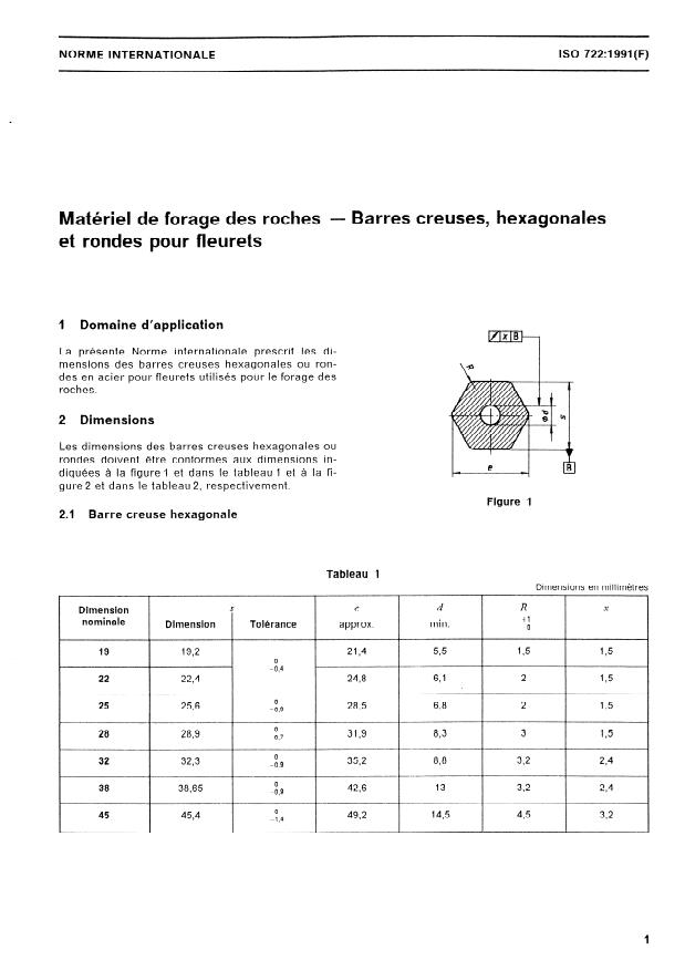 ISO 722:1991 - Matériel de forage des roches -- Barres creuses, hexagonales et rondes pour fleurets
