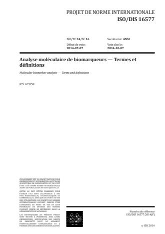 ISO 16577:2016 - Analyse moléculaire de biomarqueurs -- Termes et définitions