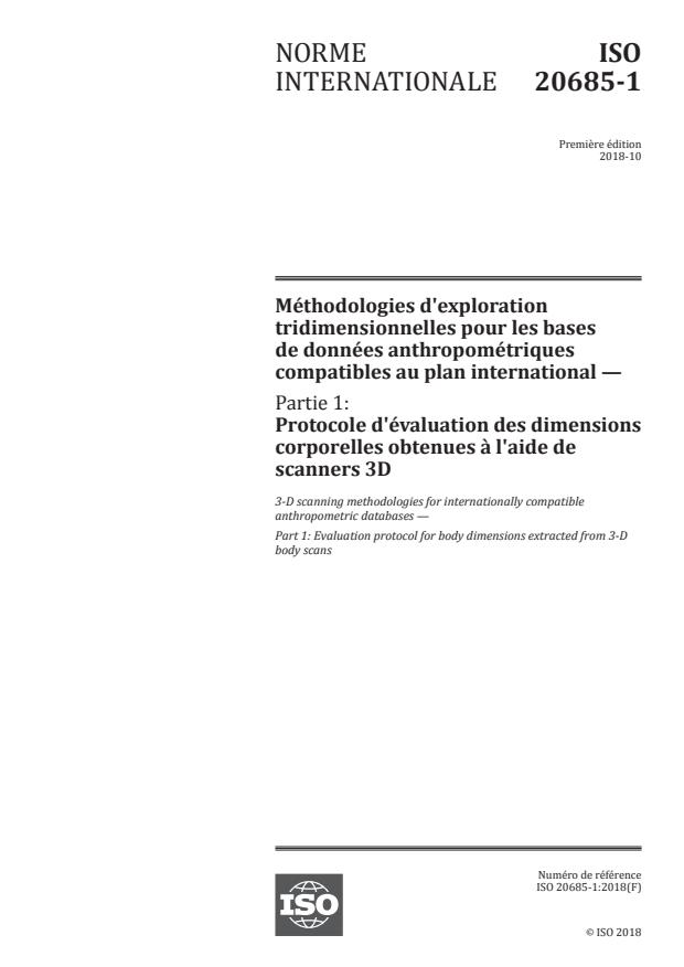 ISO 20685-1:2018 - Méthodologies d'exploration tridimensionnelles pour les bases de données anthropométriques compatibles au plan international