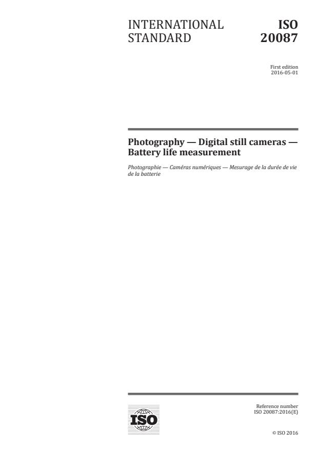 ISO 20087:2016 - Photography -- Digital still cameras -- Battery life measurement