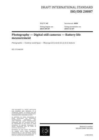 ISO 20087:2016 - Photography -- Digital still cameras -- Battery life measurement