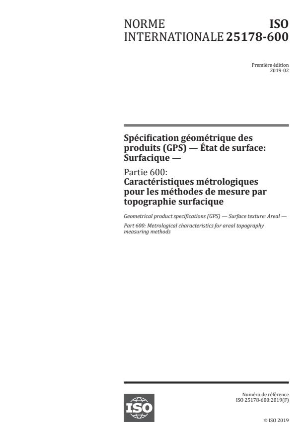 ISO 25178-600:2019 - Spécification géométrique des produits (GPS) -- État de surface: Surfacique