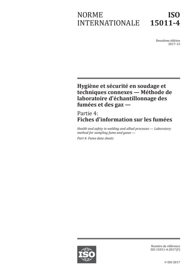 ISO 15011-4:2017 - Hygiene et sécurité en soudage et techniques connexes -- Méthode de laboratoire d'échantillonnage des fumées et des gaz