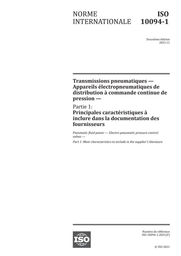 ISO 10094-1:2021 - Transmissions pneumatiques -- Appareils électropneumatiques de distribution à commande continue de pression