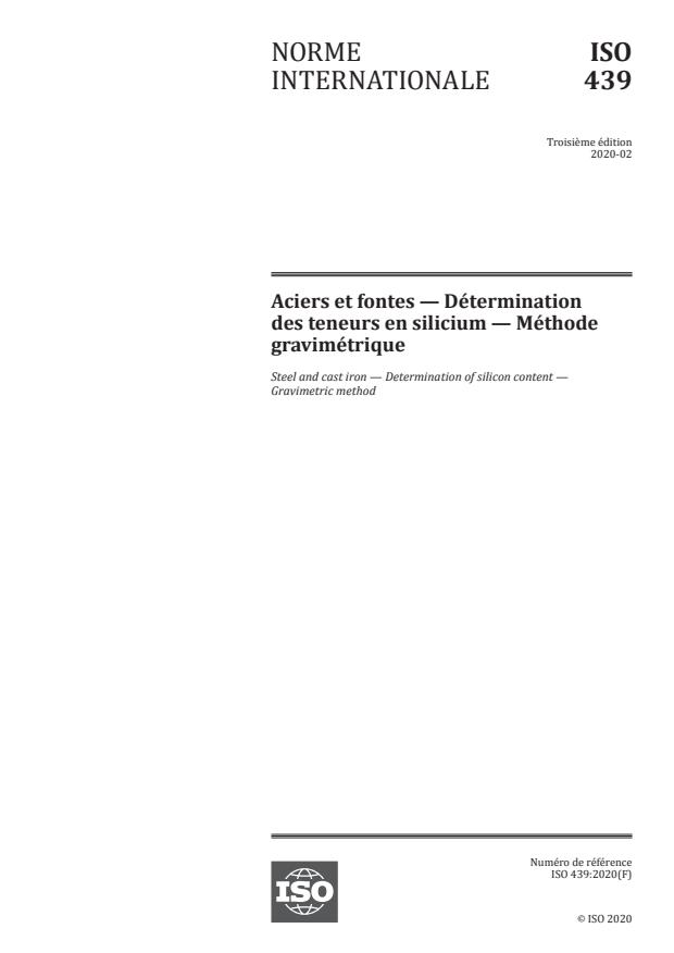 ISO 439:2020 - Aciers et fontes -- Détermination des teneurs en silicium -- Méthode gravimétrique