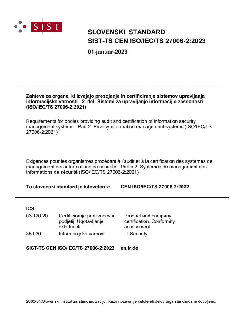 TS CEN ISO/IEC/TS 27006-2:2023
