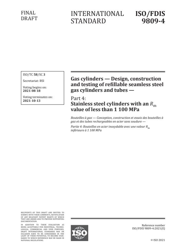ISO/FDIS 9809-4:Version 14-avg-2021 - Gas cylinders -- Design, construction and testing of refillable seamless steel gas cylinders and tubes