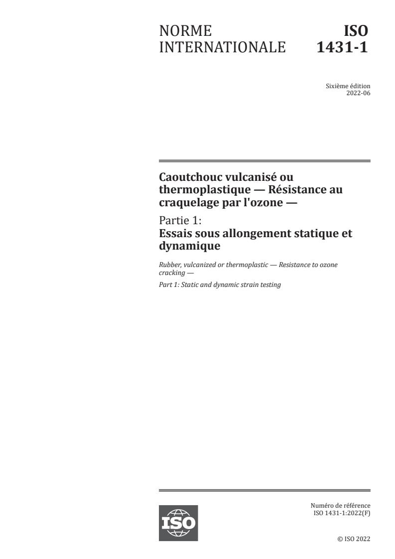 ISO 1431-1:2022 - Rubber, vulcanized or thermoplastic — Resistance to ozone cracking — Part 1: Static and dynamic strain testing
Released:23. 06. 2022