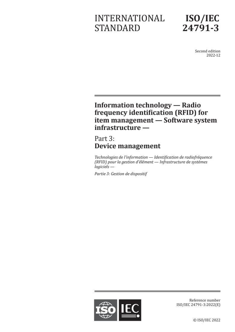 ISO/IEC 24791-3:2022 - Information technology — Radio frequency identification (RFID) for item management — Software system infrastructure — Part 3: Device management
Released:1. 12. 2022