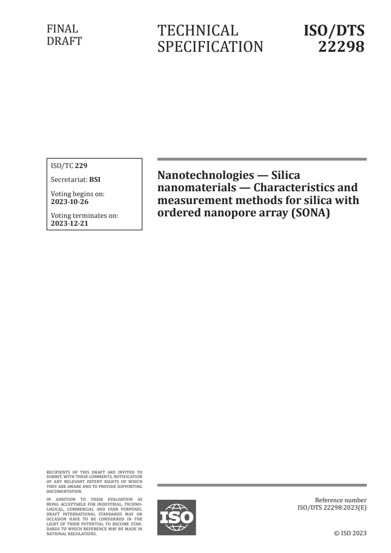 ISO/DTS 22298 - Nanotechnologies — Silica nanomaterials — Characteristics and measurement methods for silica with ordered nanopore array (SONA)
Released:12. 10. 2023